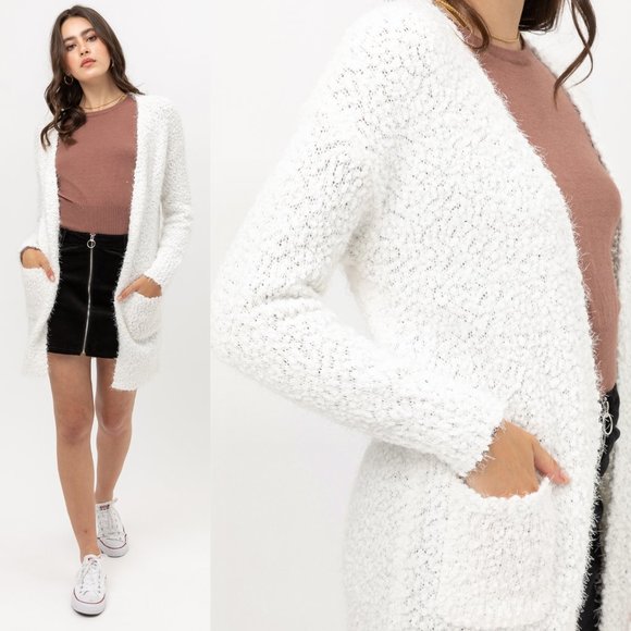 White Eyelash Popcorn Knit Long Cardigan Pockets - Picture 8 of 12